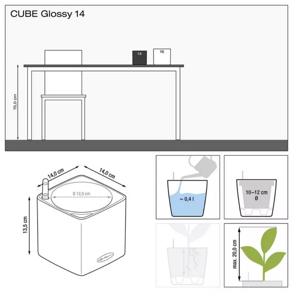 Lechuza Cube Glossy 14 önöntöző kaspó – fényes piros, intelligens vízellátó rendszerrel
