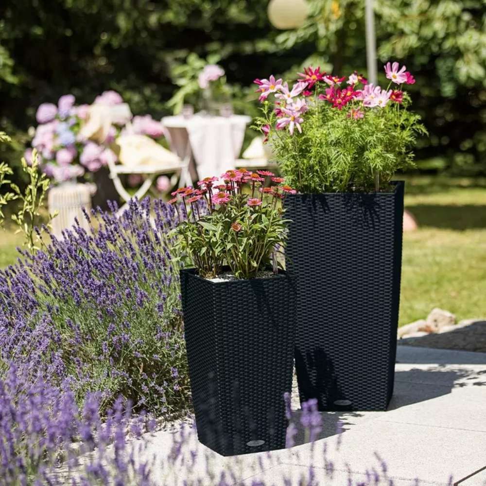 Lechuza Cubico Cottage 30 önöntöző kaspó – 14 l, rattan hatású, fekete