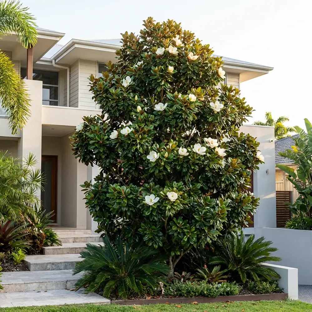 Magnolia grandiflora Purpan, örökzöld magnólia nagy, illatos fehér virágokkal és fényes lombbal, védett kertek díszfája