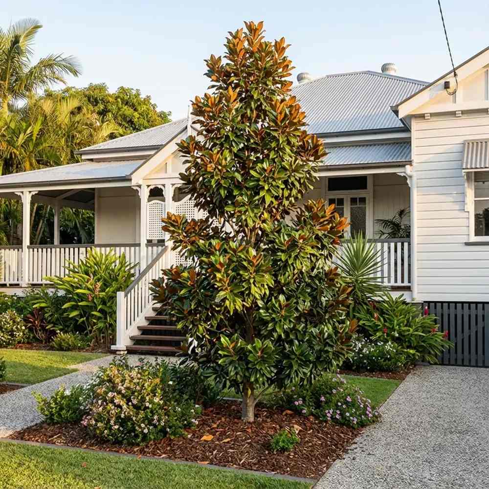 Magnolia grandiflora Purpan, örökzöld magnólia nagy, illatos fehér virágokkal és fényes lombbal, védett kertek díszfája