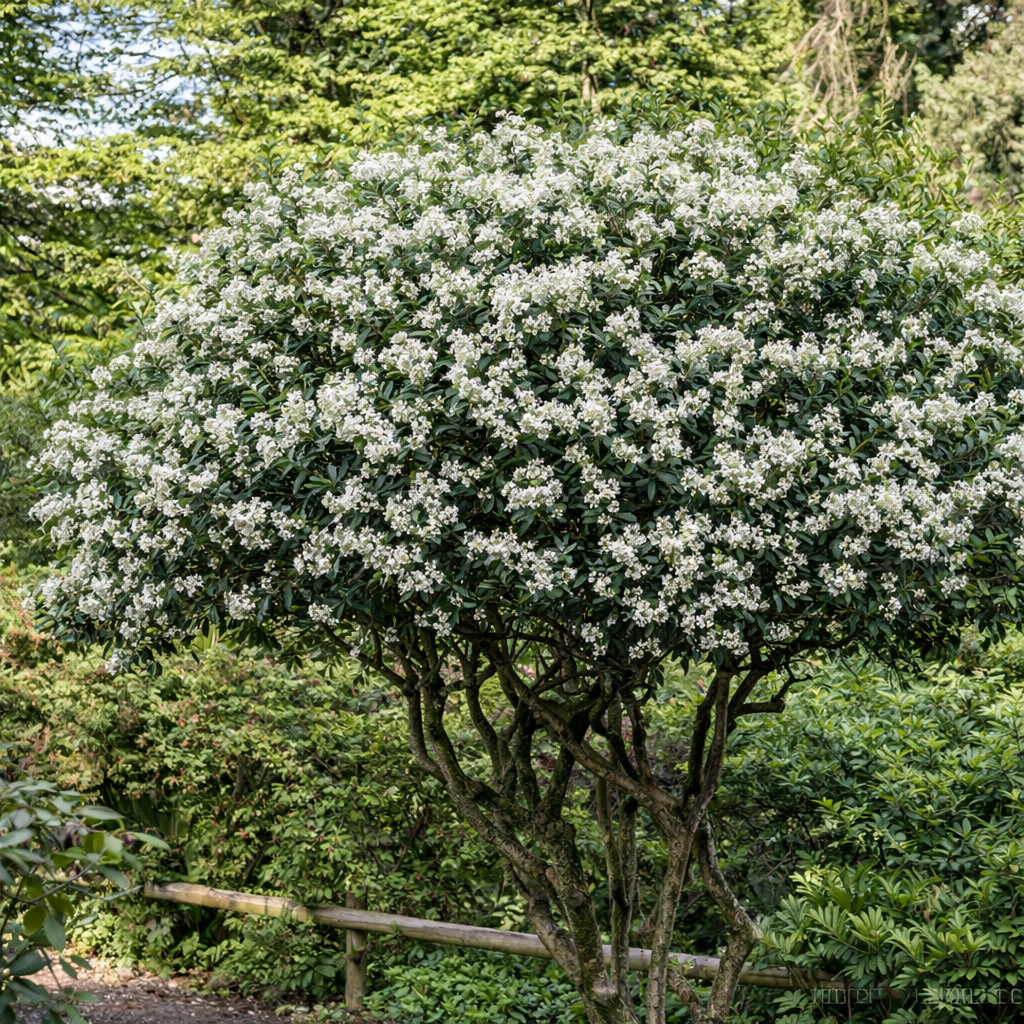 Illatcserje Osmanthus aquifolium – örökzöld cserje illatos fehér virágokkal és fényes lombozattal