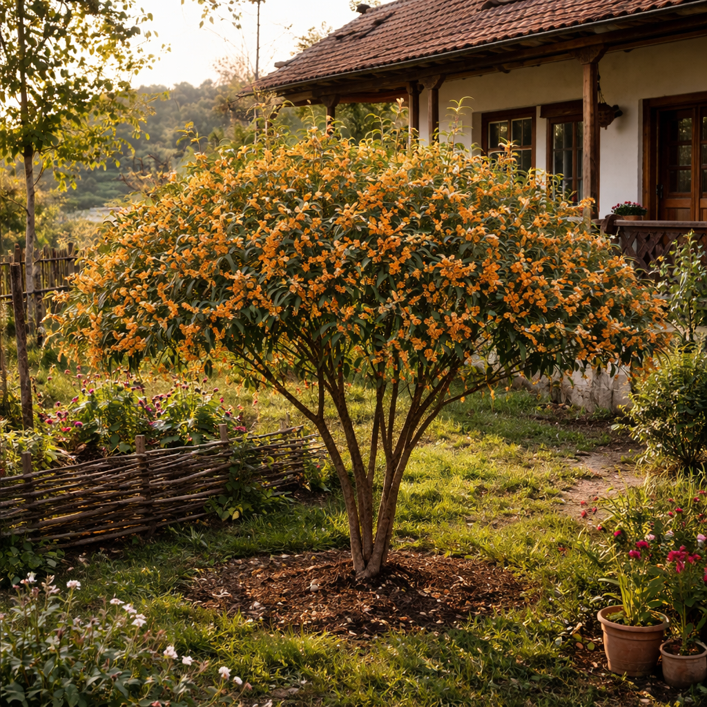 Illatcserje Osmanthus fragrans 'Rubra Aurantiacus' – intenzíven illatos, narancssárga virágú örökzöld cserje