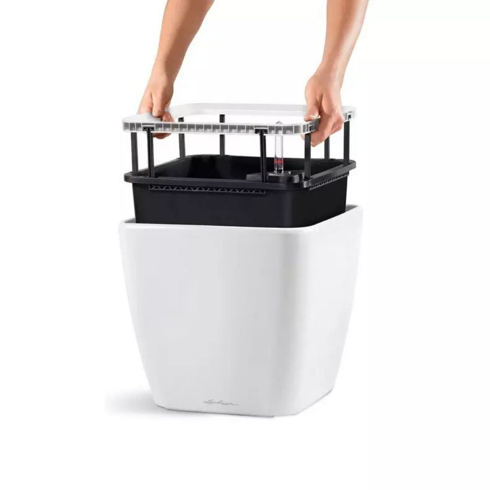 Ghiveci Auto-Irigant Lechuza Quadro Premium 21 LS, 4 l, Alb lucios, sistem de autoirigare, insert detasabil, strat de drenaj