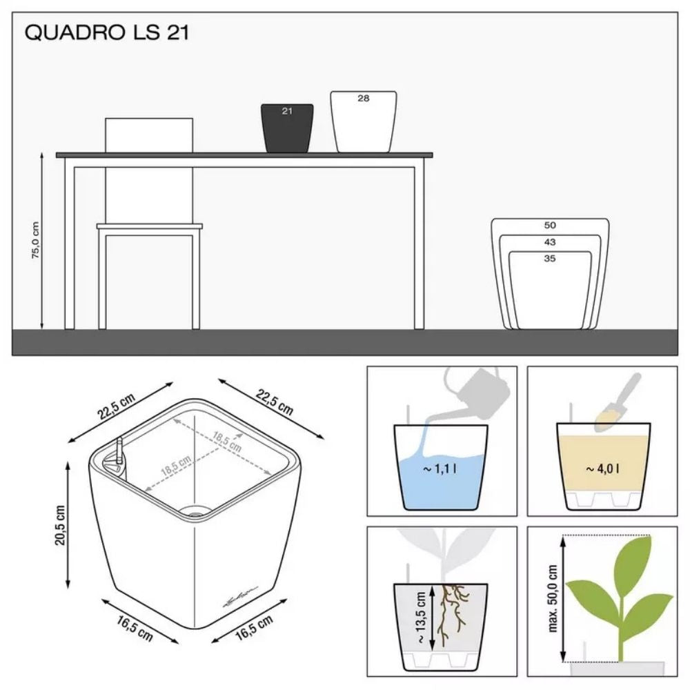 Ghiveci Auto-Irigant Lechuza Quadro Premium 21 LS, 4 l, Alb lucios, sistem de autoirigare, insert detasabil, strat de drenaj