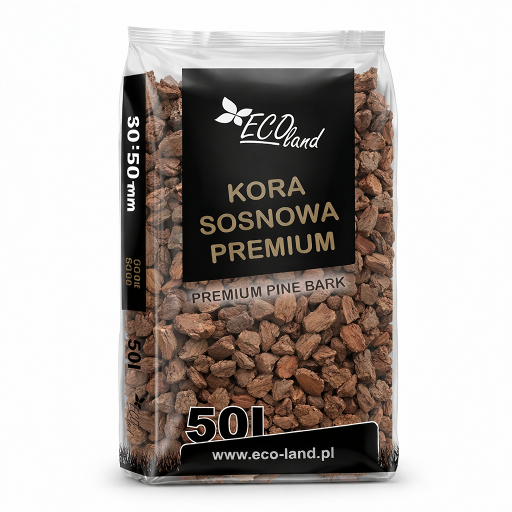Prémium fenyőkéreg mulcs 30–50 mm – 50 literes zsák, gyökérvédelem hidegtől és hőségtől