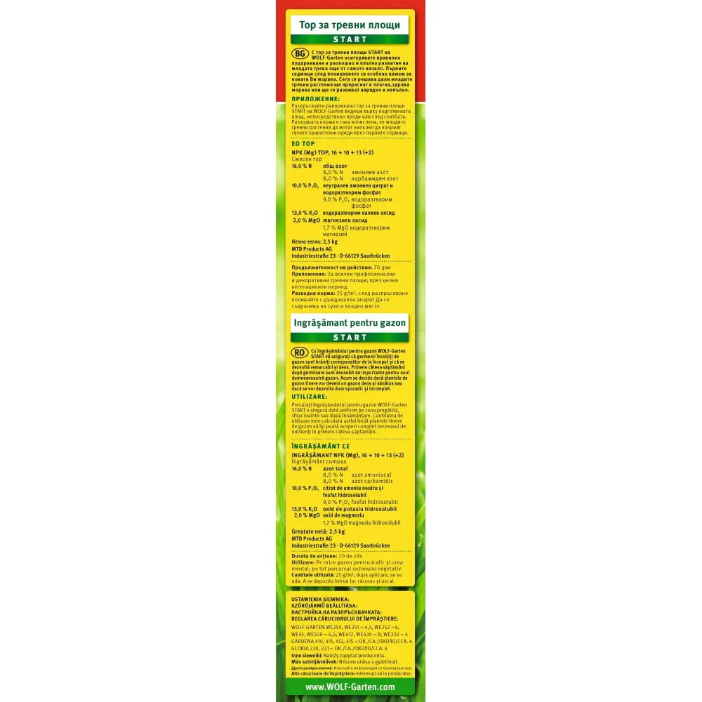 Gyepindító műtrágya Wolf Garten Starter, 2,5 kg / 100 m² – gyors csírázásért