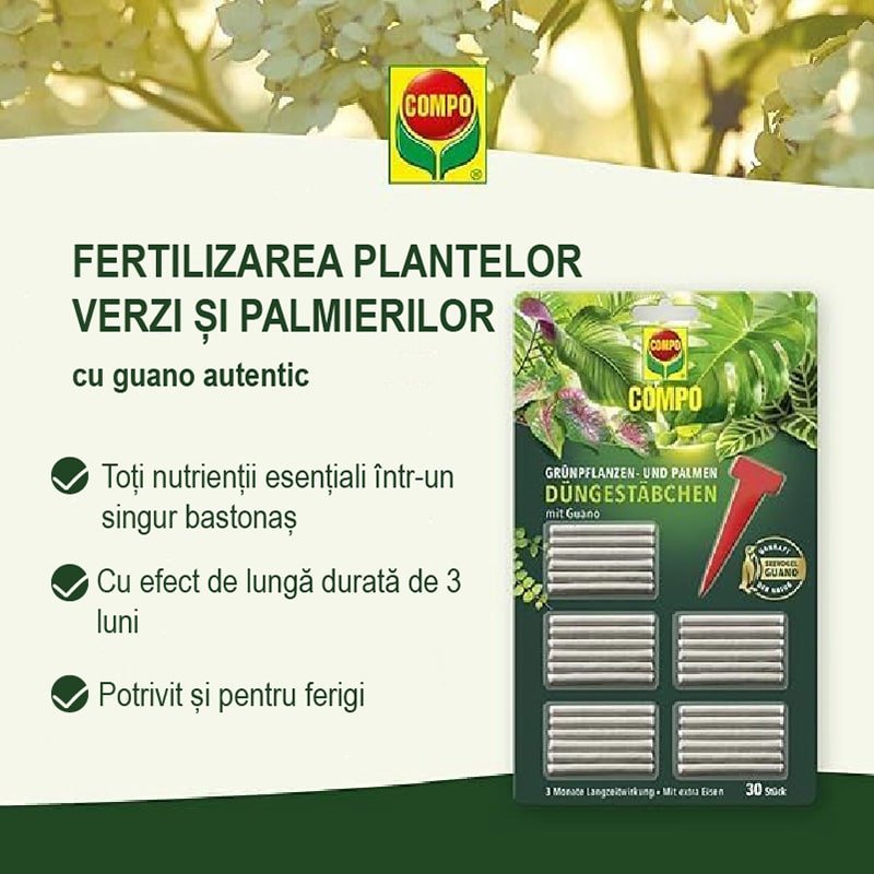 Batoane de Ingrasamant pentru Plante Infloritoare cu Guano, 30 de bucati, Efect de Lunga Durata 3 Luni, COMPO