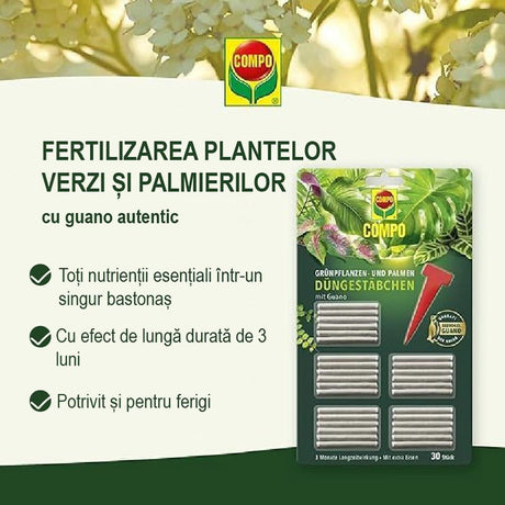 Batoane de Ingrasamant pentru Plante Infloritoare cu Guano, 30 de bucati, Efect de Lunga Durata 3 Luni, COMPO