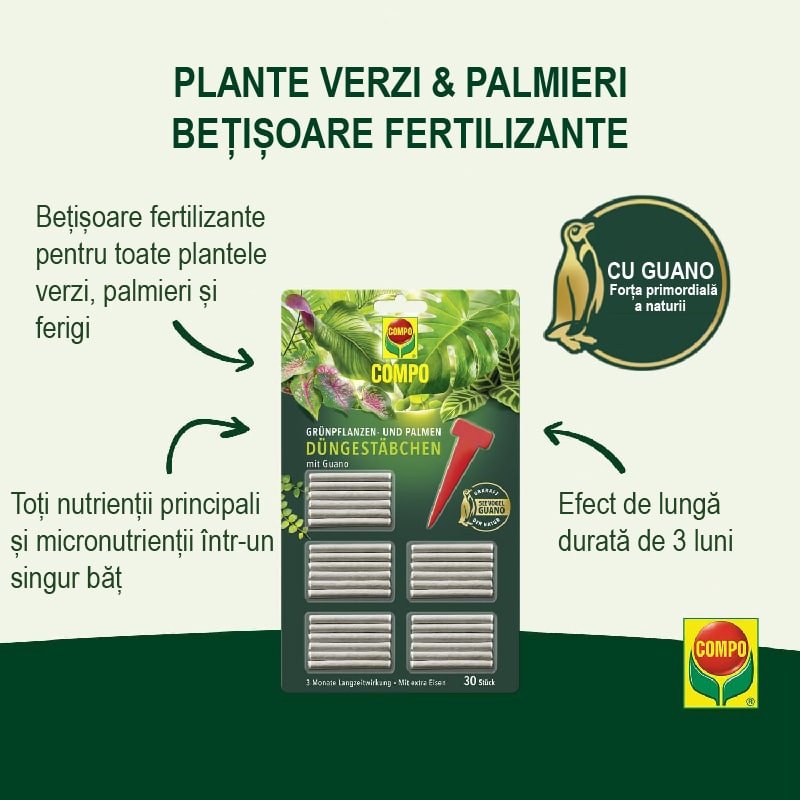 Batoane de Ingrasamant pentru Plante Infloritoare cu Guano, 30 de bucati, Efect de Lunga Durata 3 Luni, COMPO