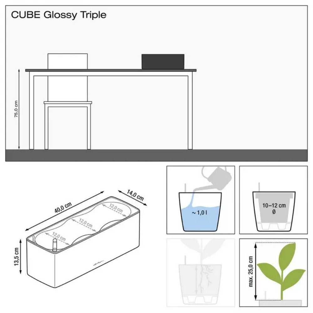 Lechuza CUBE Glossy Triple önöntöző kaspó – fényes fehér, 3 növénynek