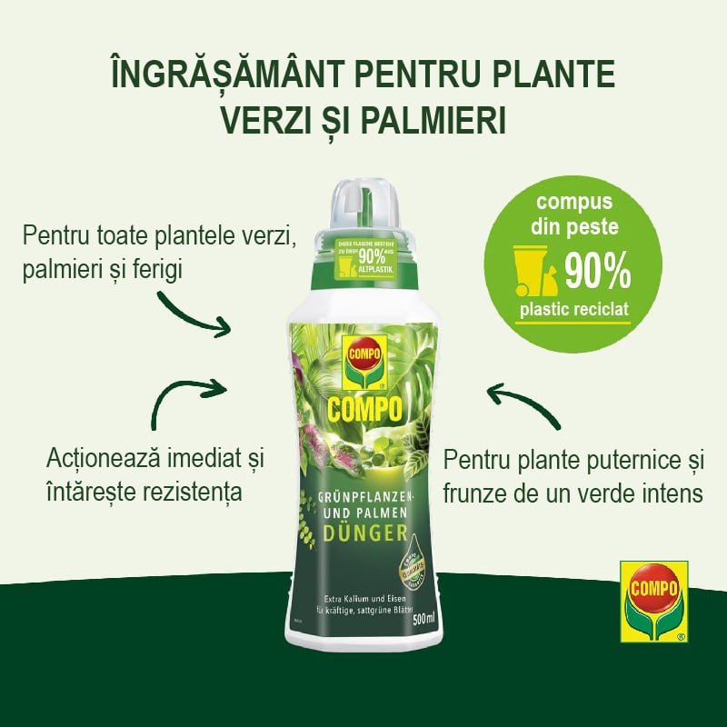 Ingrasamant organic lichid pentru plante verzi si palmieri COMPO, ingrediente 100% naturale, 500 ml