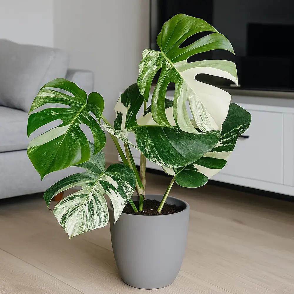 Monstera Deliciosa Thai Constellation, 60 cm, cadou planta de interior rara, variegatie alba marmurata, frunze mari decupate, planta tropicala purificatoare de aer